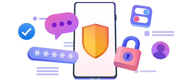 A mobile phone with a shield on the screen surround by other smaller images including a checkmark, text bubble, a lock and settings toggles.